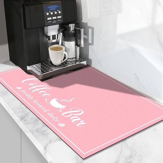 CooRug Absorbent Coffee Mat, Fashion Dish Drying Mat for Kitchen Counter Coffee Bar Accessories Espresso Machine Dish Rack 16" x 24" Pink