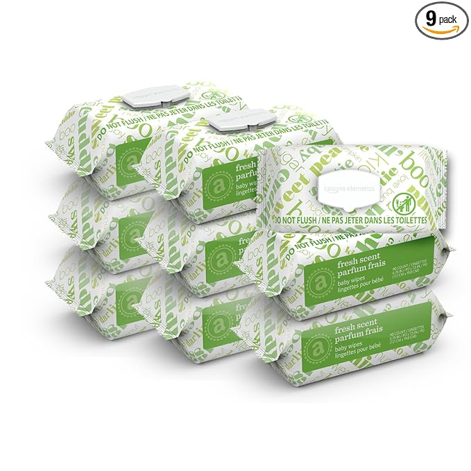 Amazon Elements Baby Wipes, Fresh Scent, Flip-Top Packs, Alcohol-Free, With Cucumber and Aloe, 810 Count, 9 Packs of 90
