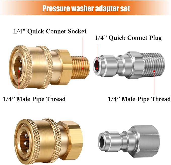 4 Sets NPT 1/4 Inch Pressure Washer Coupler Quick Connect Plug Male Female 1/4 Quick Connect Fittings Pressure Washer Adapters Accessories(1/4 Internal and External Thread)