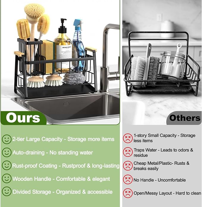 Housolution Sink Caddy Organizer, 2-Tier Sponge Holder for Kitchen Sink with Flexible High Brush Holder, Kitchen Countertop Storage Accessories, Soap Dispenser Organizer, Rustproof