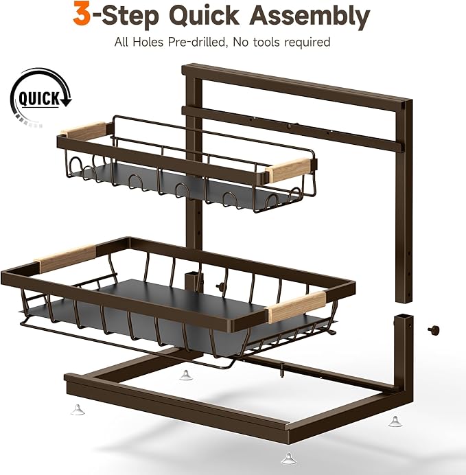 Sevenblue 2-Pack 2-Tier Height Adjustable Under Sink Organizer & Storage | Multi-purpose storage for kitchen & bathroom cabinet. Large brown shelf, height adjustable design for space-saving.