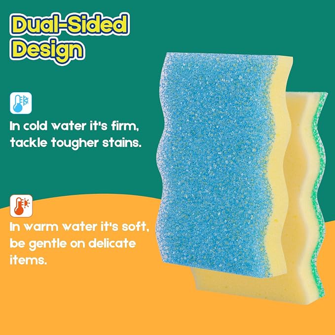 LAUNDRYLUX Scrub Sponge, 4 Pack Dual-Sided Temperature-Responsive Scrubber - Non-Scratch - Multipurpose Dish Sponges for Kitchens, Bathrooms, and Outdoor Use - Wave-Shaped