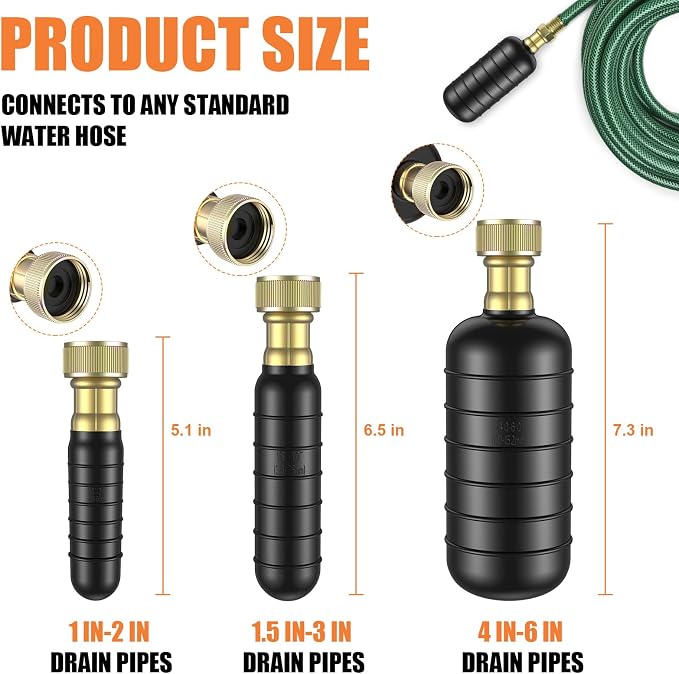 3 Pcs Drain Bladder Kit, Drain Cleaning Bladder Fits 1" to 6" Pipes, Rubber Drain Bladder Unclogger for Bathroom Sinks, Showers, Swimming Pool Drains, Kitchen Sinks and Main Drains