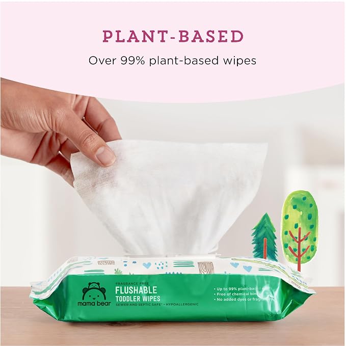 Amazon Brand - Mama Bear Flushable Toddler Toilet Wipes, Unscented, Formulated without Fragrance, Hypoallergenic, Septic Safe, 336 Count, 8 Packs of 43