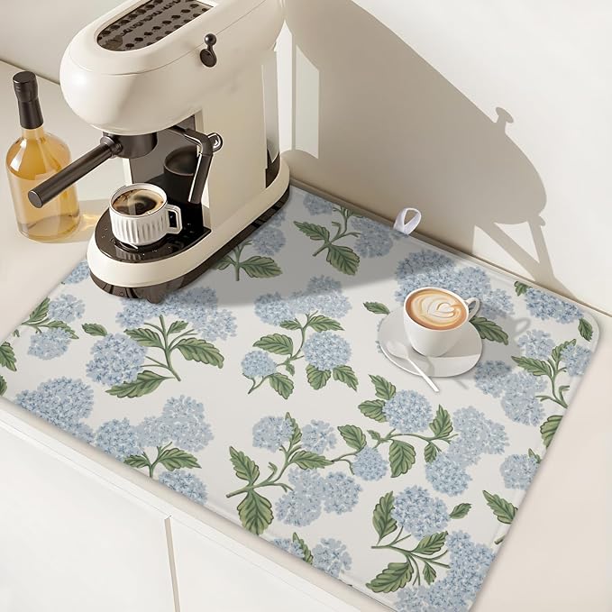 Blue Hydrangea Floral Dish Drying Mat for Kitchen Counter Spring Summer Vintage Flower Microfiber Dish Drainer Mat Rustic Farmhouse Absorbent Washable Drying Pad Extra Large 18"x24"