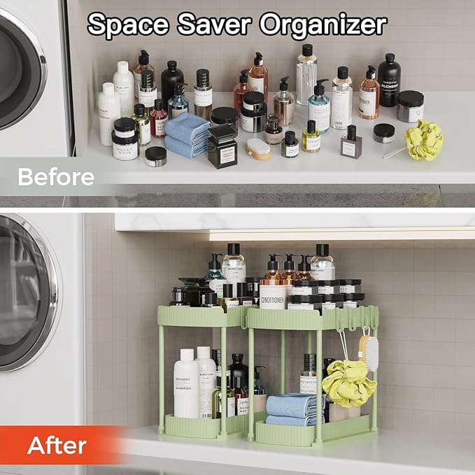 Ukeetap 2 Pack Multi-Purpose Pull-Out Storage Organizers, Under Sink Organizers and Storage for Bathroom & Kitchen, Under Cabinet Organizers and storage, 14.8 Inch, Green