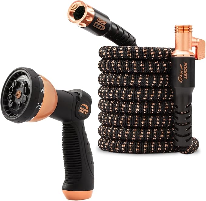 Pocket Hose 50 FT Copper Bullet Expandable Garden Hose w/10 Pattern Thumb Spray Nozzle AS SEEN ON TV 650psi 3/4 in Patented Lead-Free Ultra-Lightweight Solid Copper Anodized Aluminum