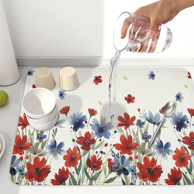 4th of July Floral Dish Drying Mat for Kitchen Counter 18 x 24 Inch Patriotic Dish Drainer Mat Absorbent Microfiber Independece Day Dish Rack Pad for Coffee Dining Bar Decor