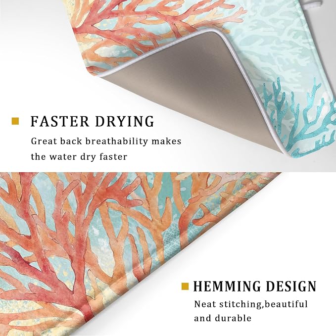 Giwawa Coastal Coral Dish Drying Mat Beach Ocean Drainer Rack Mat 18x24 Inch Microfiber Absorbent Reversible Dish Dry Pad for Kitchen Counter Sink