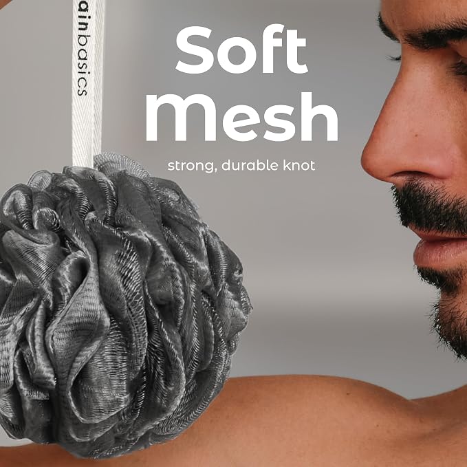 MainBasics Shower Loofah Sponge Pouf, Set of 3, Charcoal Infused | Soft Mesh Body Scrubber and Bath Sponge for Gentle Exfoliation, Rich Lather, and Everyday Shower Use
