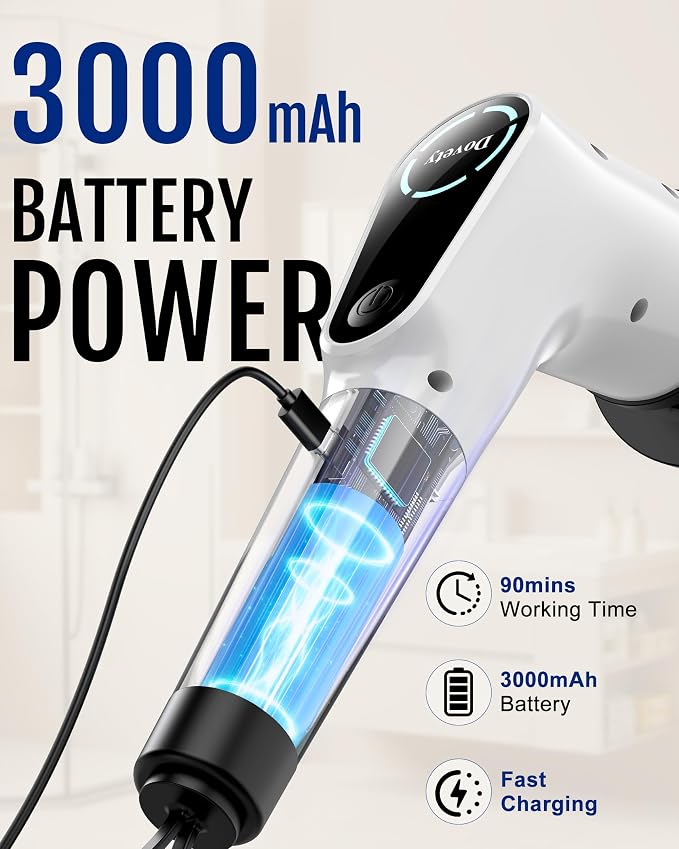 Dovety Electric Spin Scrubber, Shower Scrubber, Power Cleaner Tools with 8 Replaceable Brush Heads, Cleaning Brush with Extension Handle, 2 Adjustable Speeds, 90Mins Work Time for Home Bathtub-White