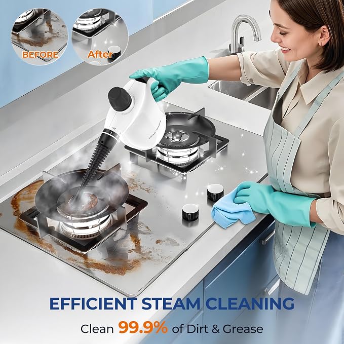 13Pcs Pressurized Handheld Steam Cleaner, Portable Deep Cleaning Steamer | Natural Deep Cleaning, Multi-Purpose for Home, Grout, Kitchen, Car, Window, Upholstery, Bathroom and Clothes