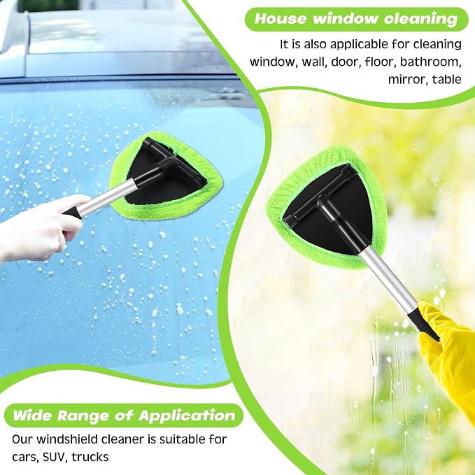 Potchen 8 Pcs Car Windshield Cleaner Tool Kit with Extendable Handle, Microfiber Towel Pads, Brush, Empty Spray Bottle for Auto Glass Wiper Suvs Rvs & Home Windows (Green)