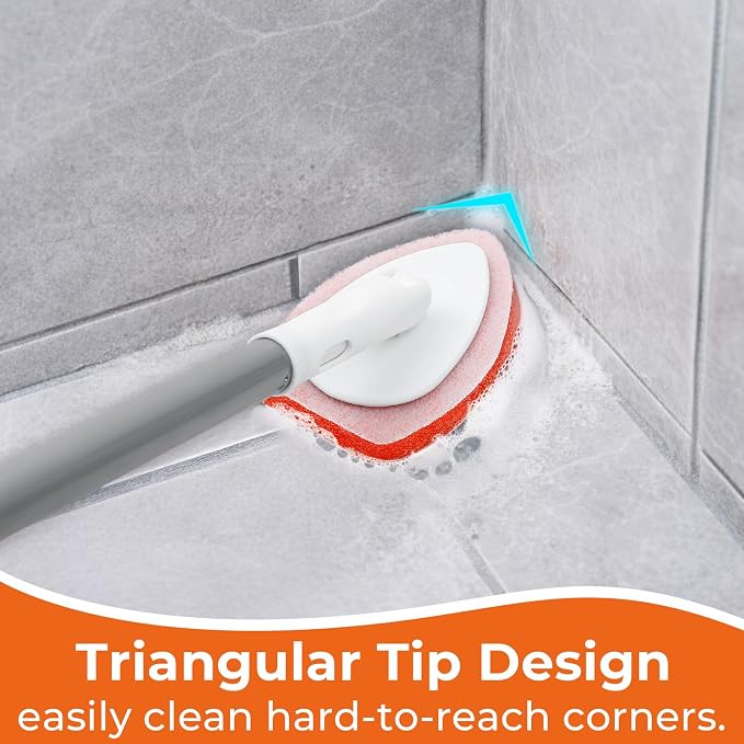 Bathtub Scrubber with Long Handle - Shower Scrub Brush with 8 Replacement Scouring Pads, Bathroom Cleaning Brush for Tub, Tile, Floor