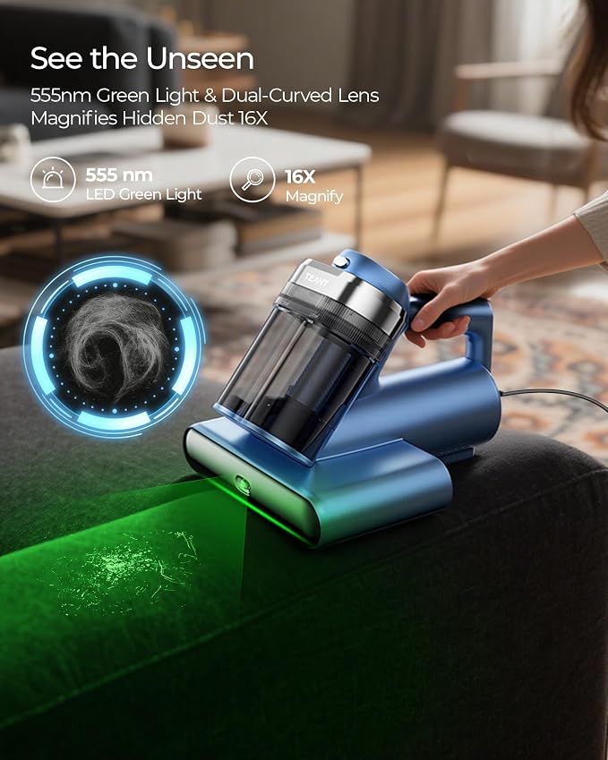Teant Bed Mattress Vacuum, 18 kPa & Green Light Dust Detection, MV-Grey | 2-Speed Bed Vacuum Cleaner with 253.7nm UV-C & Ultrasonic, LED Display, 149℉ Heat, HEPA, Aroma & Anion for Bed Sofa Pet Hair
