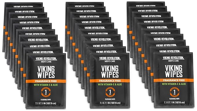 Viking Revolution Flushable Wet Wipes for Adults Unscented - 30 Individually Wrapped Travel Wipes - Disposable Toilet Wipes with Vitamin E and Aloe