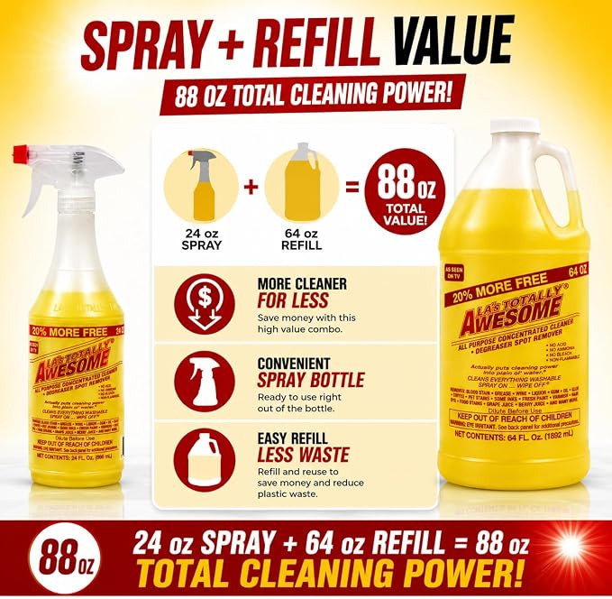 La's Totally Awesome All Purpose Cleaner & Degreaser, 24 oz Spray + 64 oz Refill, Multi Surface Cleaner, Kitchen & Bathroom Cleaner, Grease Remover for Floors, Tile & Countertops