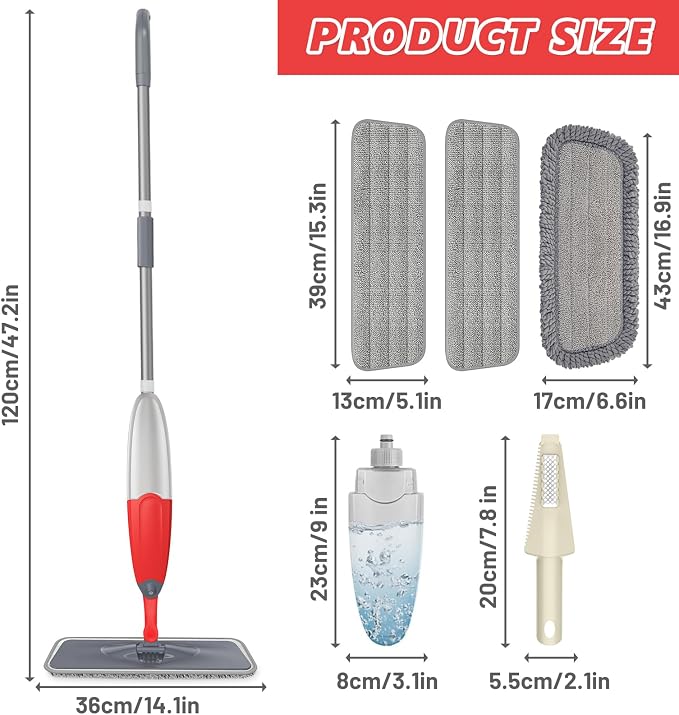 HOMTOYOU Dust Mop for Hardwood Floors: Microfiber Spray Mop for Cleaning | 3 Pcs Washable Reusable Pads, 1Pcs 400+ML Refillable Bottle, 360-Degree Swivel Mop, Red & Gray