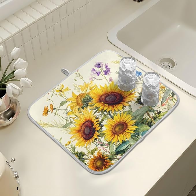 Blooming Sunflowers Dish Drying Mat for Kitchen Counter Absorbent Microfiber Large Drying Pad Dish Mats for Kitchen Countertops 18 x 24 Inch