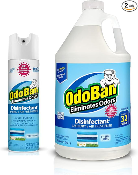 OdoBan Ready-to-Use Disinfectant and Harsh Aroma Eliminator, Set of 2, 14.6 Ounce 360-Degree Continuous Spray Fabric/Air Freshener and 1 Gallon Multi-Purpose Cleaning Concentrate, Fresh Linen Scent