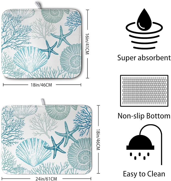 Summer Blue Dish Drying Mat for Kitchen Counter Nautical Coastal Teal Dishes Drainer Mats Beach Coral Seashell Starfish Ocean Absorbent Microfiber Dish Draining Pad 16x18 Inch