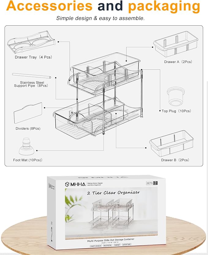 Sevenblue 2 Pack Under Sink Organizer with Sliding Drawers, Under Bathroom Cabinet Organizer with Hooks Hanging Cup, Multi-Purpose Storage Shelf for Kitchen Bathroom (Clear, 10.6 Inch)
