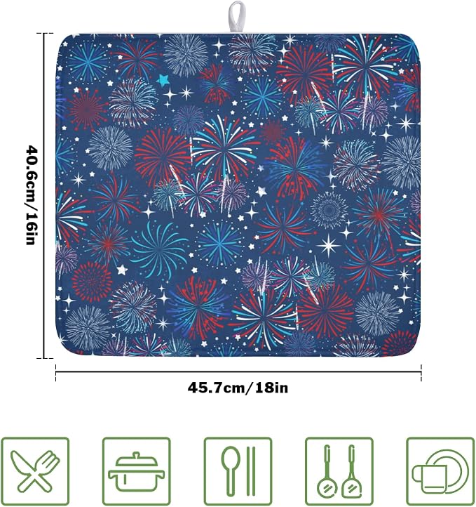 4th of July Patriotic Dish Drying Mat for Kitchen Counter 16 x 18 Inch Independence Day Dish Drainer Mat Absorbent Microfiber Firework Dish Rack Pad for Coffee Dining Bar Decor