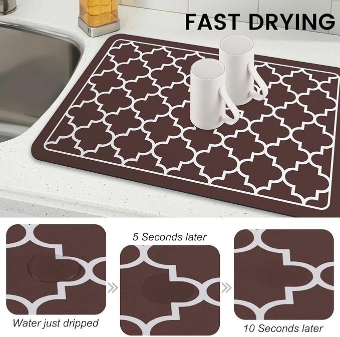 WISELIFE Dish Drying Mat Super Absorbent Drying Mat Large Dish Drying Mats for Kitchen Counter Easy Clean Dish Mat Kitchen Drying Mat16"x 24" Stylish Chocolate