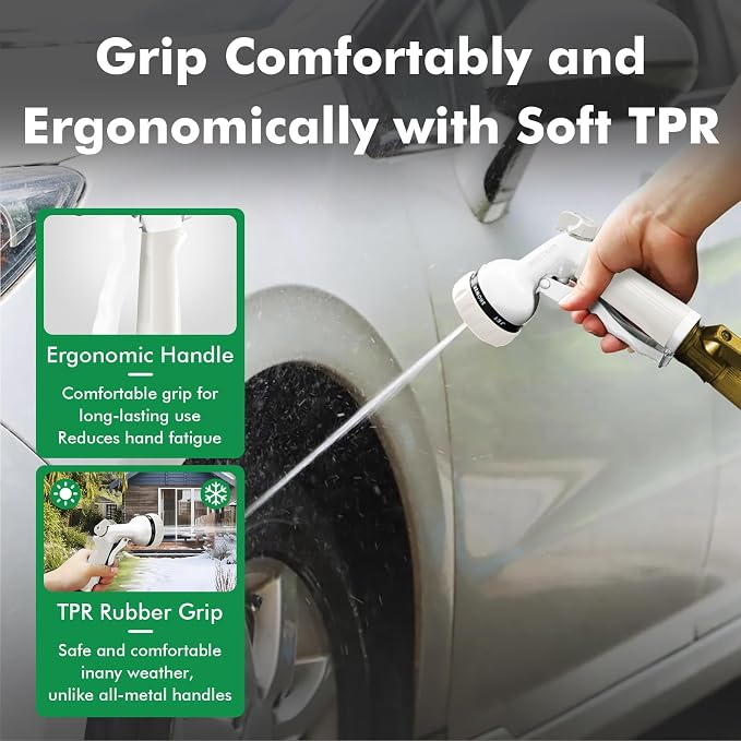 RESTMO Garden Hose Nozzle, Heavy Duty Metal Water Hose Nozzle with 7 Adjustable Spray Patterns, High Pressure Hand Sprayer with Flow Control, Best for Watering Plant & Lawn, Washing Car & Pet, White