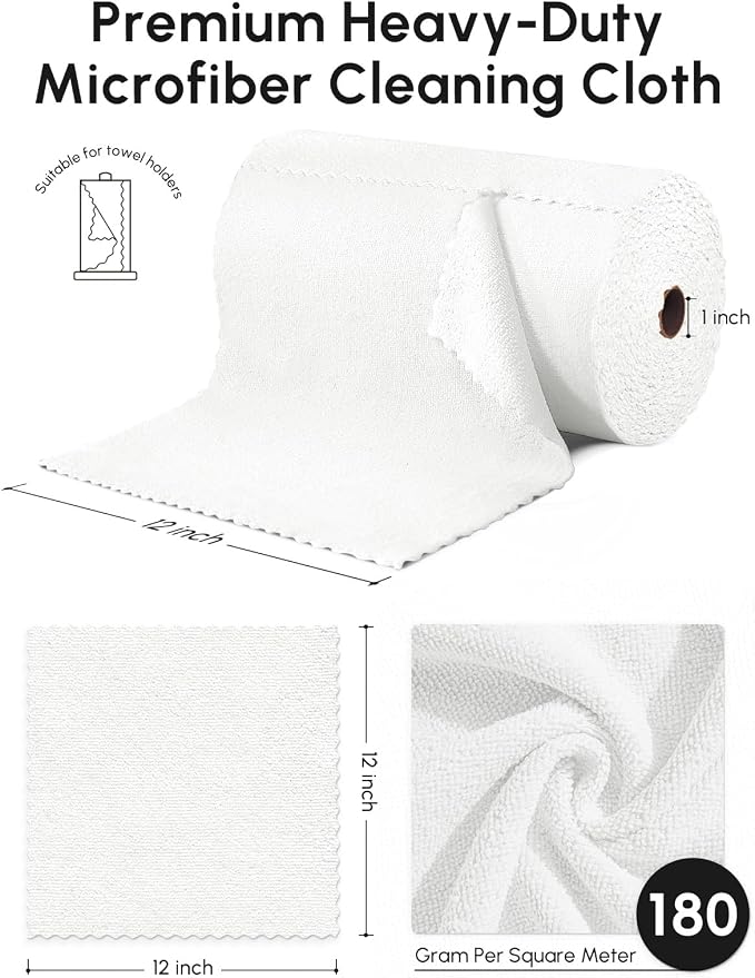 Microfiber Cleaning Cloths Roll, 225 Pack Tear Away Microfiber Towels Roll, 12" x 12" Lint Free Rags, Reusable Cleaning Cloths, Washable, Scratch Free,Ultra Absorbent Dish Rags(White)