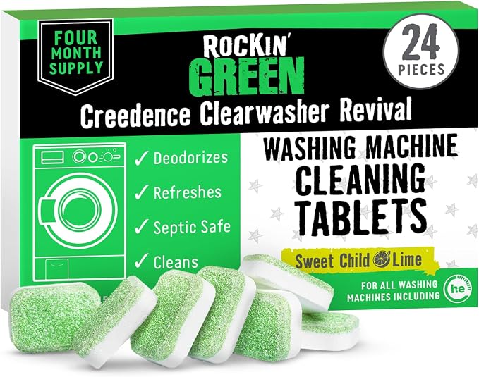 Rockin' Green Deep Cleaning and Deodorizing Tablets for Dishwashers, Washing Machines, and Garbage Disposals, Removes Odor and Residue (Washing Machine Cleaning Tablets, 24 Pack)