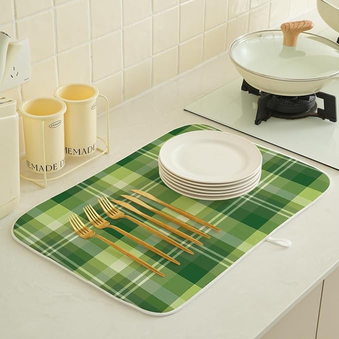 St. Patrick's Day Dish Drying Mat 18 x 24 Inch Green Buffalo Plaid Drying Mat for Kitchen Counter Absorbent Spring Green Dishes Dry Pad for Drainer Rack Kitchen Fast Dry