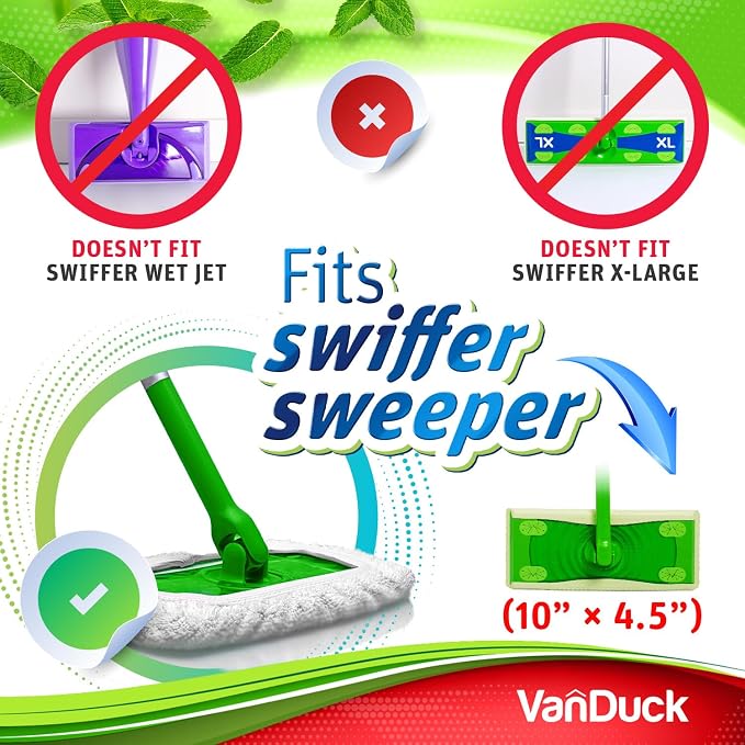 VanDuck Reusable 100% Cotton Mop Pads for Swiffer Sweeper (4-Pack) | Mop not included, reusable terry cloth mop covers, cotton replacement refills, machine washable wet mopping pads