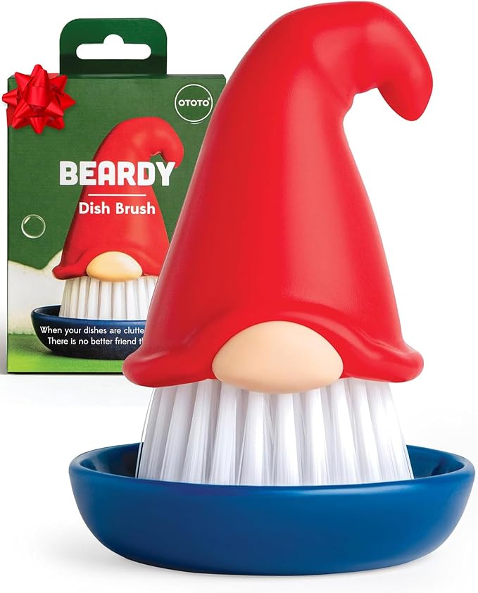 OTOTO Gnome Dish Brush with Handle - Cleaning Brush, Vegetable Brush, Dish Scrub, Gnome Handle, Unique Kitchen Gadgets, Funny Kitchen Tools, Useful Gifts for Women (Beardy Red)