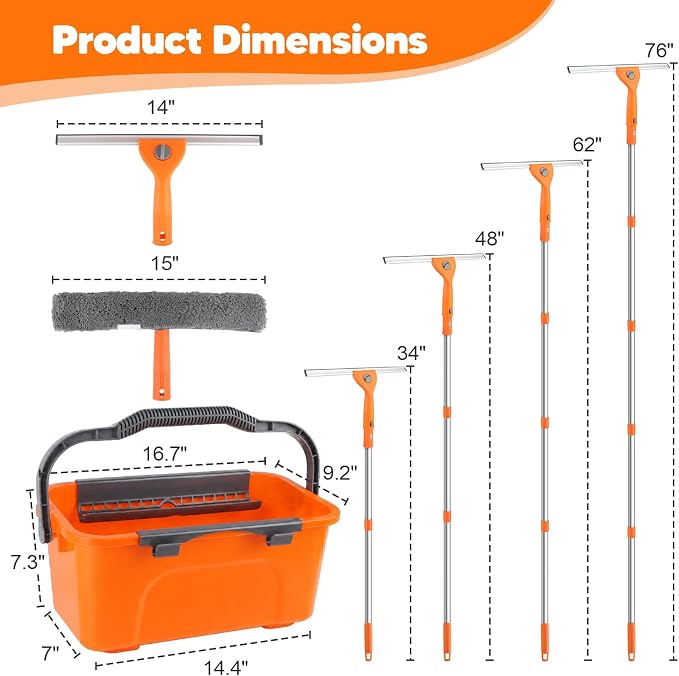 Window Cleaning Kit with Bucket 3 Gallon & 76" Squeegee Scrubber | Professional Window Washing Equipment with Long Handle, Compelete Window Cleaner Tools for Home Outdoor Commercial Car
