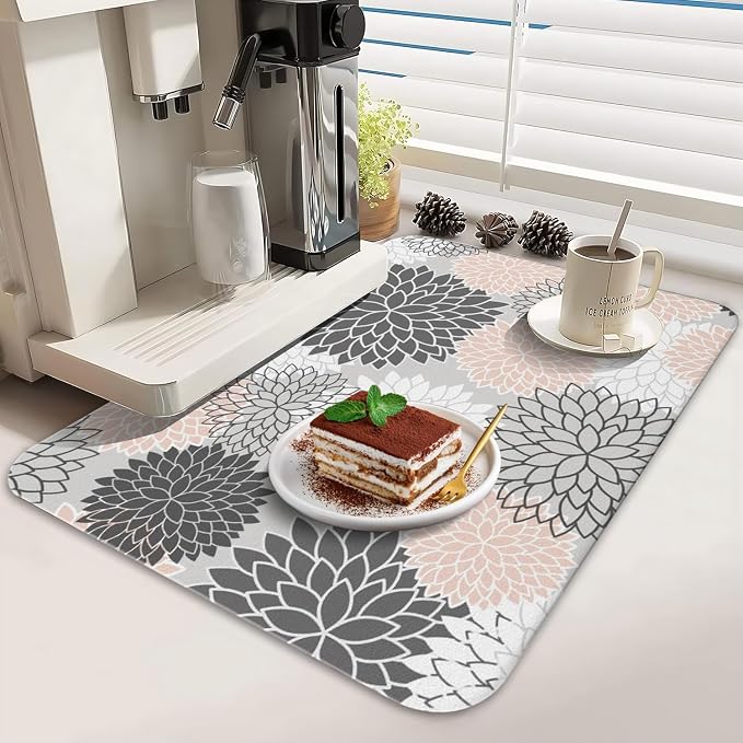 Dish Drying Mat 2-Pack Grey Pink Dahlia for Kitchen Counter Dishes Mat | Diatom Mud Mats (18x24, 19.5x12"). Non-slip rubber back for kitchen counter, coffee bar & sink scenes