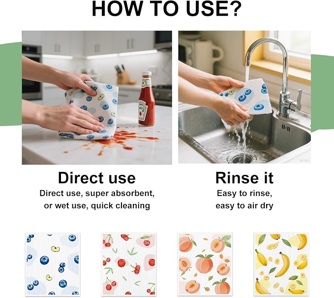 4 PCS Swedish Dishcloths, Reusable Kitchen Dish Cloths, Super Absorbent Cellulose Sponge Cloths, Odor Resistant, Dishwasher Safe & Multi-Purpose Cleaning Cloths