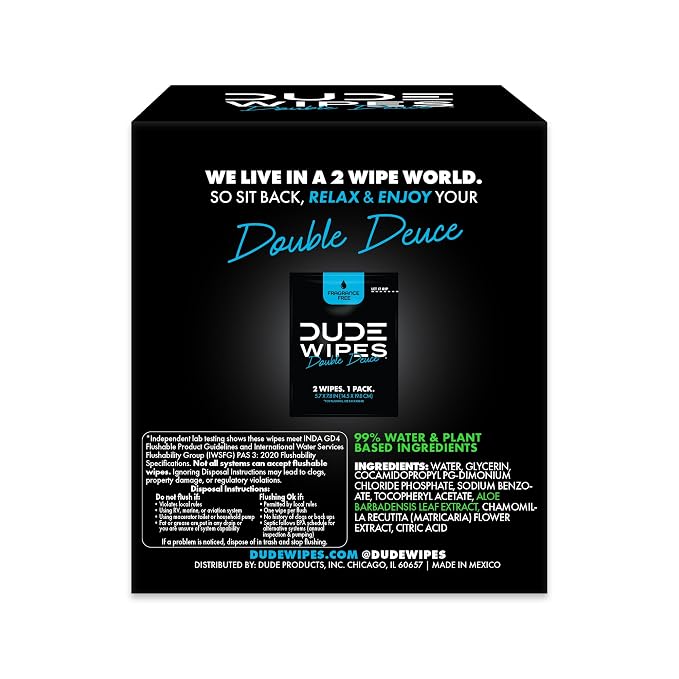 DUDE Wipes Double Deuce Unscented Travel Wipes - 2 Wipes per Pack (40 packs, 80 Count) - On-The-Go Adult Flushable Wipes for Sensitive Skin - Infused with Vitamin E and Aloe - Septic and Sewer Safe