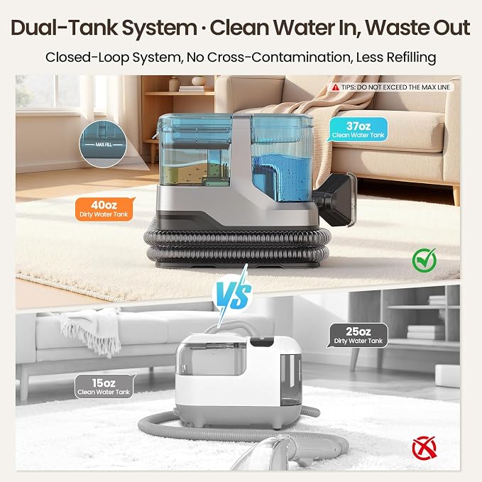 Portable Steam Carpet Cleaner, 203°F High Temp Steam & 18,000Pa Suction, Deep Stain & Odor Removal, Spot Cleaner for Pets, Kids, Home Upholstery, Stairs & Car Detailing