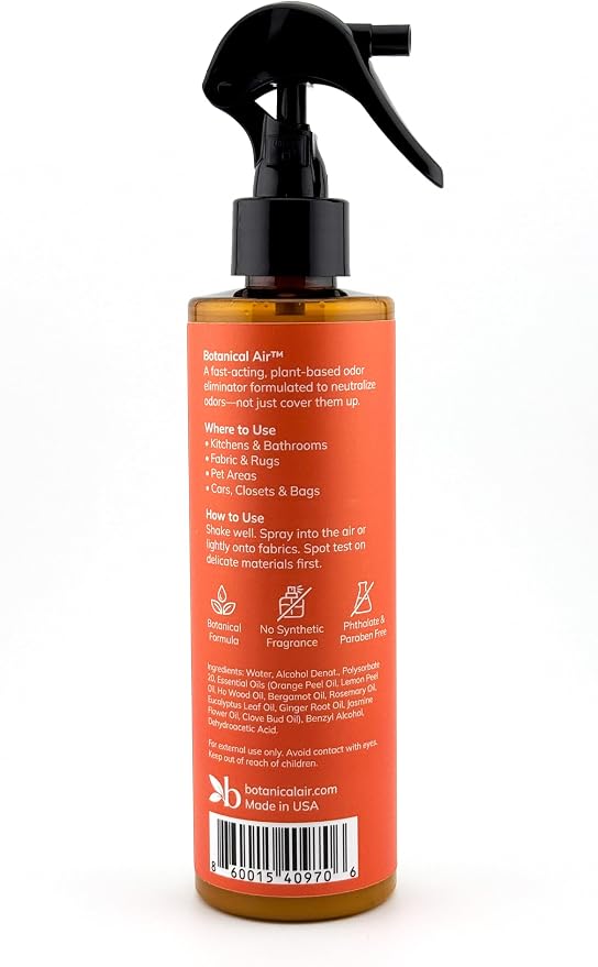 Plant-Based Odor Eliminator Spray – Natural Essential Oil Air Freshener for Home, Bathroom, Fabrics & Pet Areas – 8 oz (Orange Blossom)