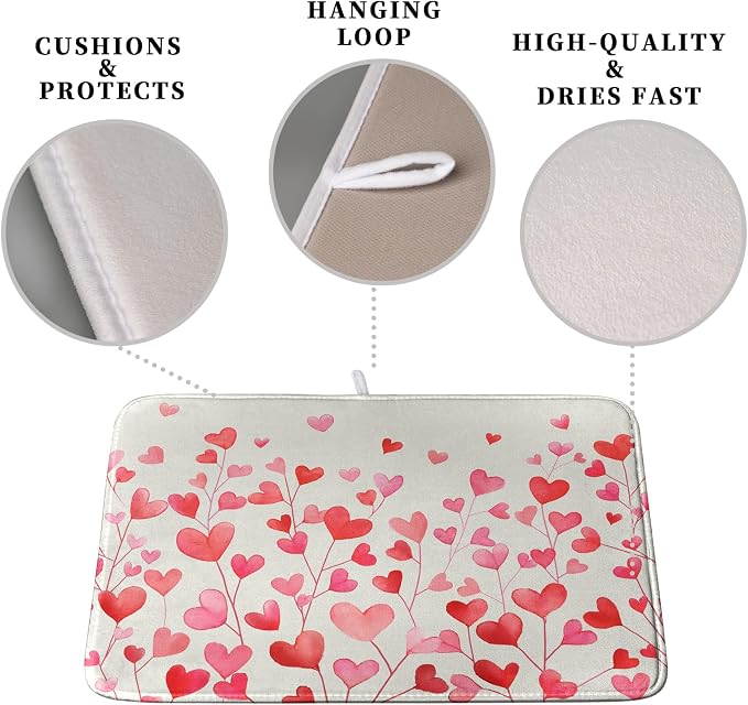Valentines Pink Love Heart Dish Drying Mat Valentine Day Absorbent Microfiber Dish Drying Pad Heat Resistant Kitchen Counter Draining Mat Extra Large Dish Drainer Rack Mats 16x18 Inch