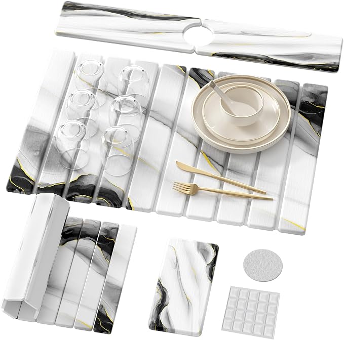 4-Piece Large Stone Dish Drying Mat for Kitchen Counter, 24"x16" Super Absorbent Diatomaceous Earth Drying Mat Set with Faucet Mat & Small Utility Mat, Rollable Quick Dry Pad for Dishes, Cups, Bottles