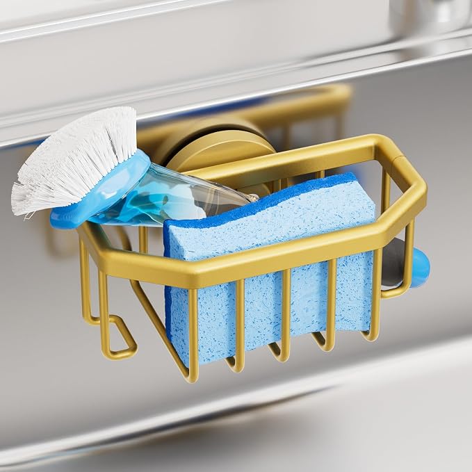 TAILI Sponge Holder for Kitchen Sink with Strong Suction Cup Removable, Rustproof Aluminum Sink Caddy for Sponge, Brush, Scrubber, Scraper -Gold