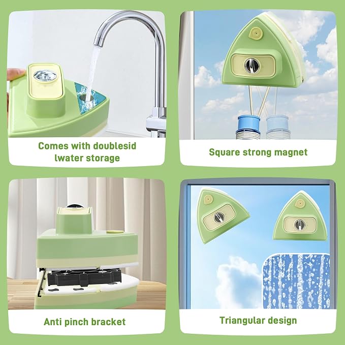 Double-Sided Magnetic Window Cleaner, Green | Adjustable Magnetic Double Window Wiper, Fits 3-30mm Glass Thickness, 2.5m Safety Rope for High-Rise & Auto Glass