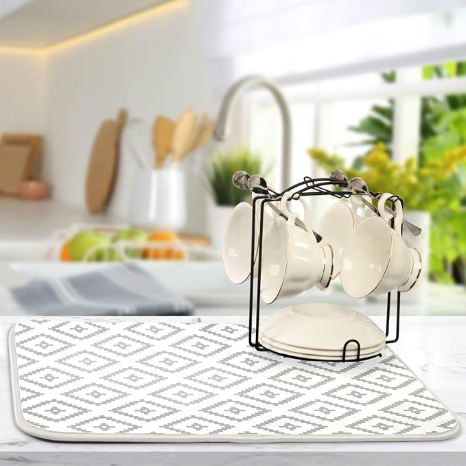 Super Absorbent Dish Drying Mat, Microfiber Fast-Drying Dish Mat, 24" x 18, Kitchen Dish Drying Pad, White Moroccan Rhombus Plaid