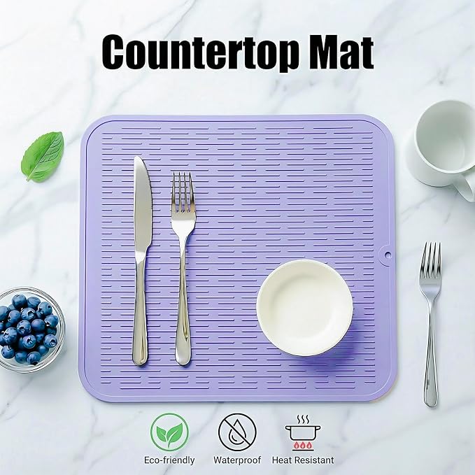 MicoYang Silicone Dish Drying Mat for Multiple Usage,Easy clean,Eco-friendly,Heat-resistant Silicone Mat for Kitchen Counter or Sink,Refrigerator or Drawer Liner Light Purple XL 18 inches x 16 inches