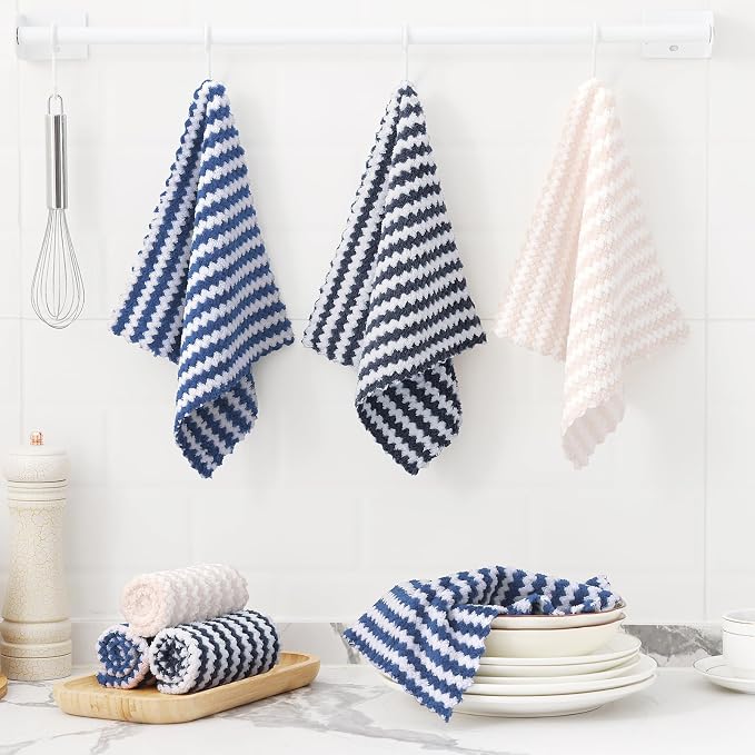 Homaxy 12 Pack Kitchen Dish Cloths, Ultra Soft and Absorbent Dish Towels, Reusable Fast Drying Microfiber Cleaning Cloth, Coral Velvet Wave Design No-lint, 10 x 10 inches, Dark Grey/Navy Blue/Beige