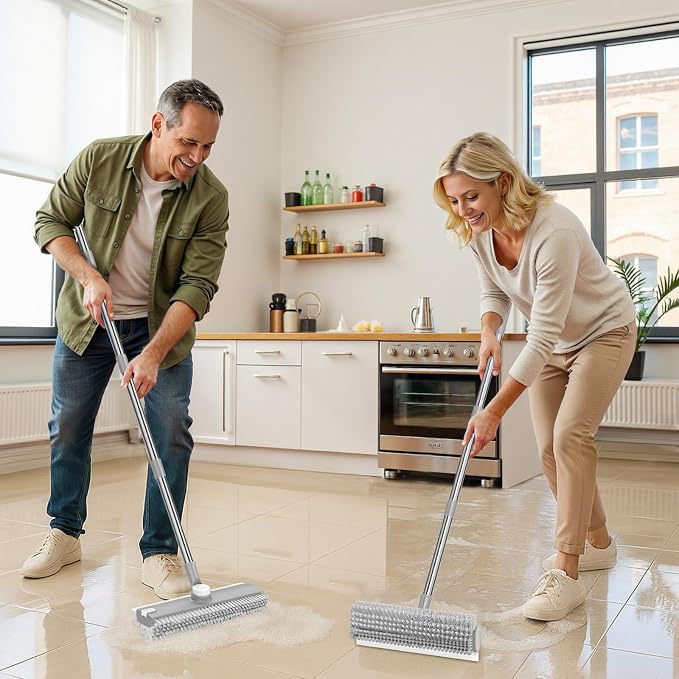 3 in 1 Floor Scrub Brush with Long Handle & Squeegee | Heavy-Duty, Adjustable, 360° Rotating Head for Cleaning Tile Bathroom Deck Kitchen Patio, Gray