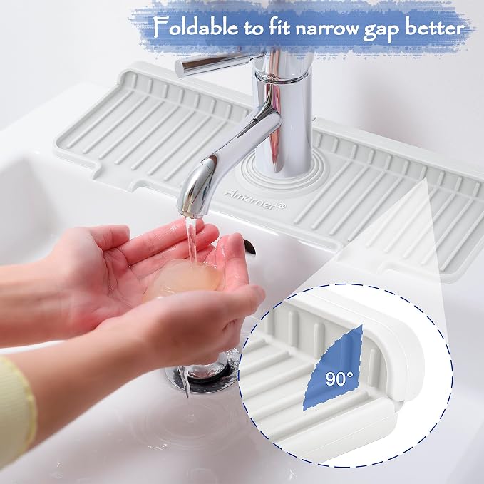 Amerner Kitchen Sink Splash Guard, Silicone Faucet Guard & Draining Mat, Bathroom and Kitchen Sink Organizer, Sink Faucet Mat Water Splash Guard Behind Faucet Accessories Gadgets, 14.2” x 5.1”, White