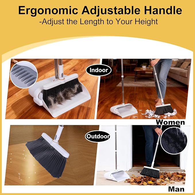 Heavy Duty Broom and Standing Dustpan Combo Set, Rotatable Head Dust Pan and Brush Set with Collapsible Handle, Cleaning Teeth, Hanging Loop, Ideal for Pets, RV, Kitchen, Camping, Outdoor Floor, White